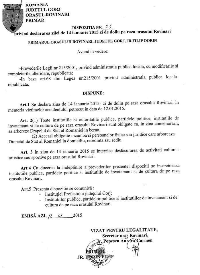 Zi de doliu în oraşul Rovinari