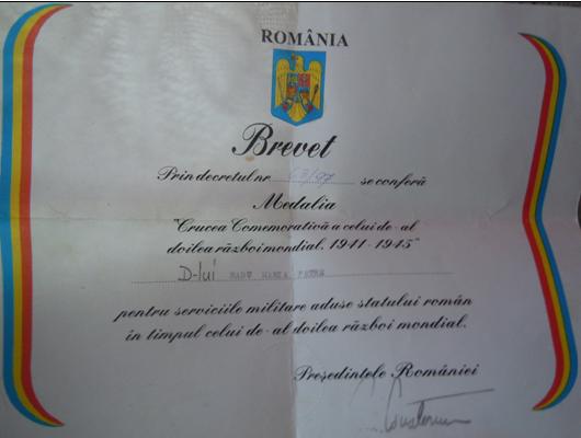 Brevetul acordat lui Petre Radu