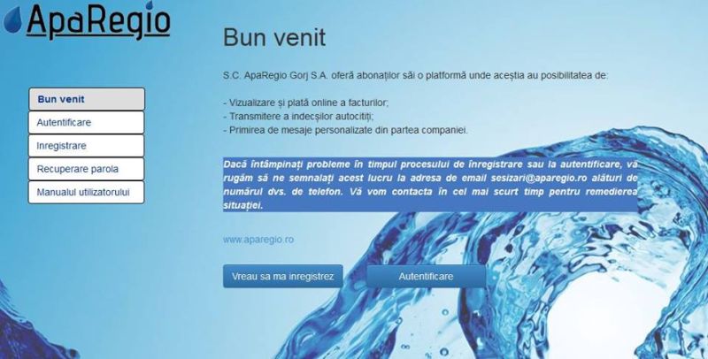 Facturi plătite online şi autocitire a indexului pentru clienţii ApaRegio