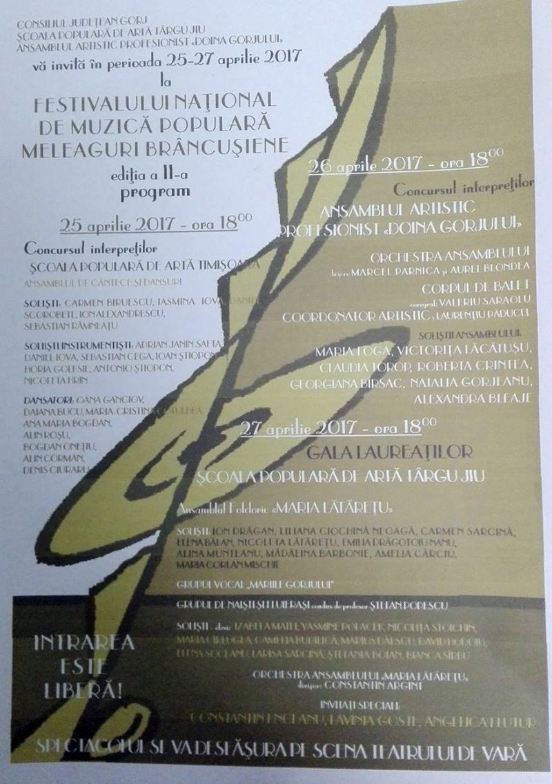 Trei zile de muzică populară la Târgu-Jiu! Începe ediţia a doua a Festivalului “Meleaguri brâncuşiene”