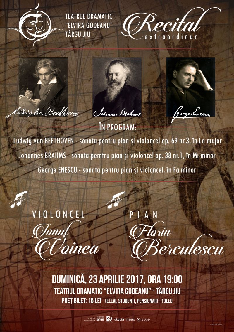 Recital cu sonate din Beethoven şi Brahms, duminică, la Târgu-Jiu