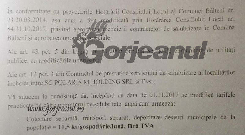 Se anunţă majorări şi în alte localităţi! – Polaris a crescut tarifele lunare la gunoi, la Bîlteni!