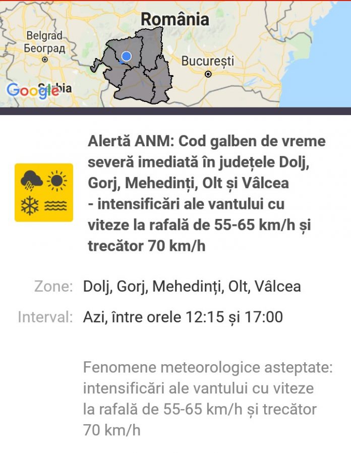 Cod galben de vreme severă imediată, în Gorj!