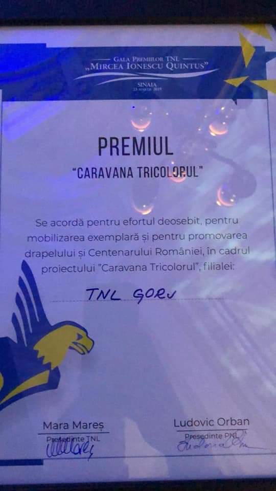 Premiu obținut la Sinaia de organizația de tineret a PNL Gorj