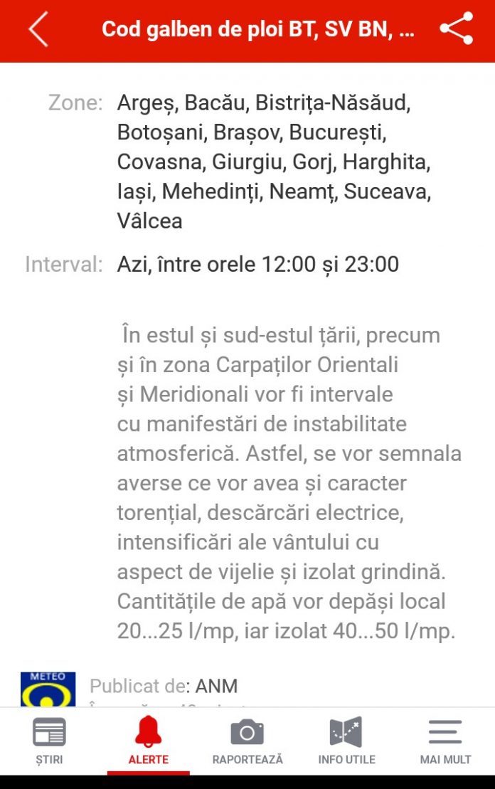 Cod galben de ploi până diseară