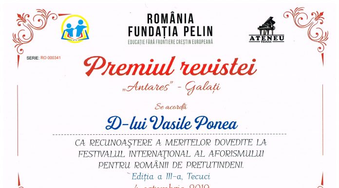 Premii la Festivalul Internaţional al aforismului de la Tecuci, pentru George Drăghescu şi Vasile Ponea