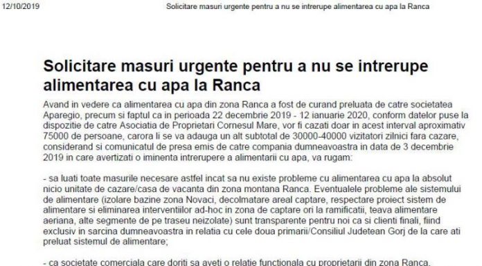 Petiție pentru apa necesară de sărbători în Rânca