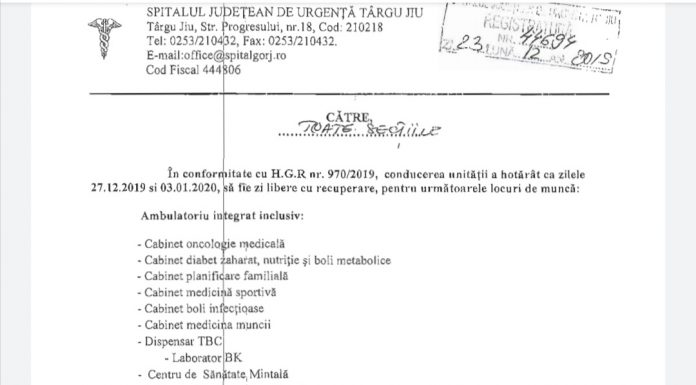 Cabinete din Spitalul Târgu Jiu, închise pe 27 decembrie și 3 ianuarie