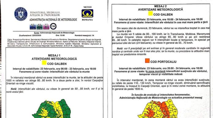 Cod galben, apoi portocaliu, pentru nordul județului Gorj