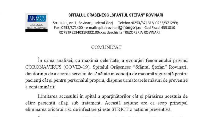 Măsuri stricte, la Spitalul Orășenesc Rovinari