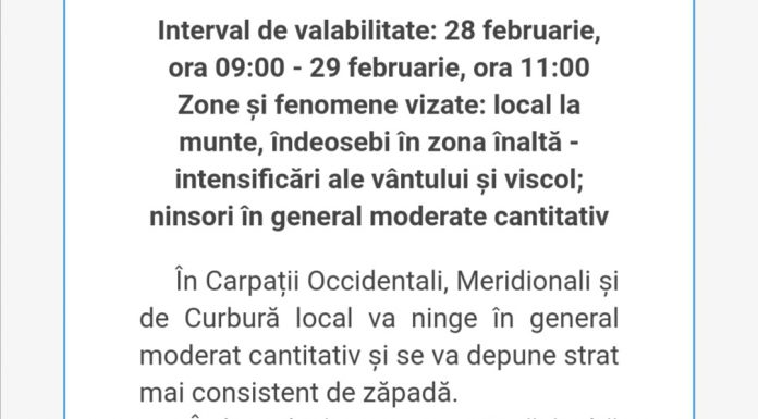 Cod galben până mâine la 11:00 pentru nordul Gorjului