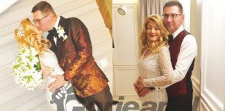 NUNTA ANULUI, la Târgu-Jiu! Mirele, procurorul Bertha, în costum creație Botezatu, mireasa Marcela, într-o creație Cristallini, realizată manual