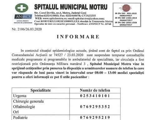 Vezi anunțul Spitalului Municipal Motru!