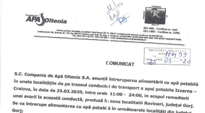 Avarie la conducta de apă! Mii de gorjeni, afectați!