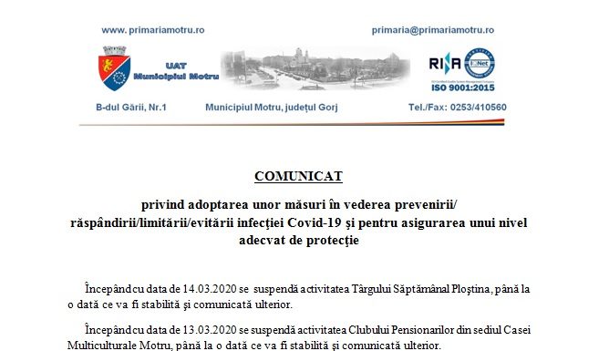 Coronavirus: Măsuri la Primăria Motru