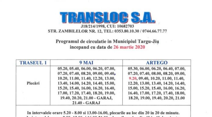 De azi, program modificat al mijloacelor de transport ale Transloc SA