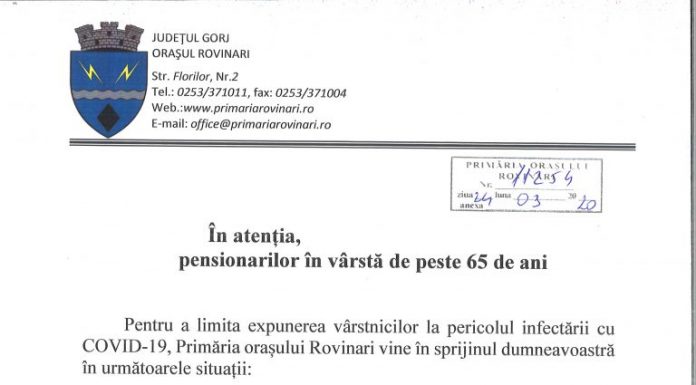 Primăria Rovinari vine în sprijinul vârstnicilor