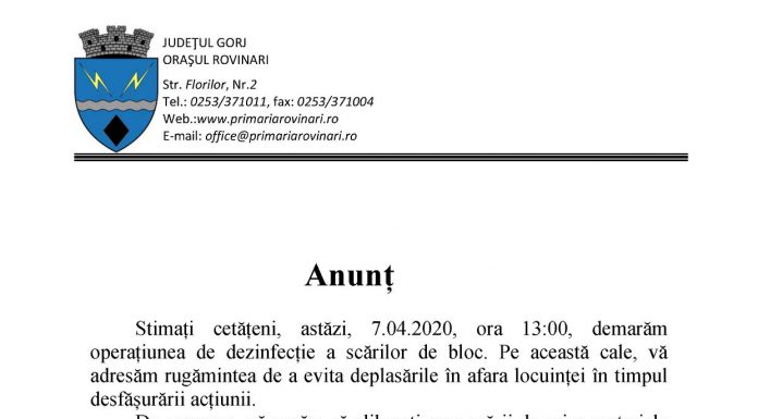 Astăzi, dezinfecție a scărilor de bloc din Rovinari