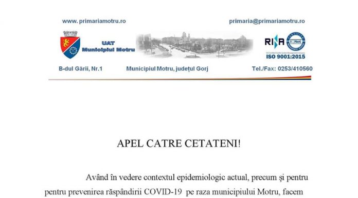 Apel al Primăriei Motru către cetățeni!