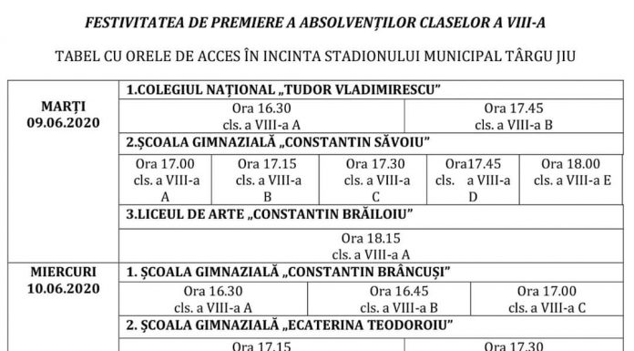 Programul festivităților pentru absolvenții de gimnaziu din Târgu Jiu