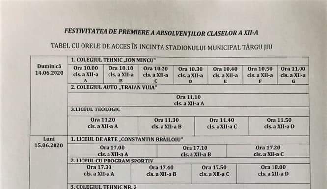 Programul festivităților de premiere pentru elevii de clasa a XII-a din Târgu Jiu