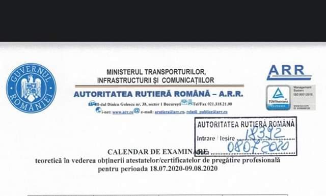 ARR: Calendarul de examen proba teoretică pentru obţinerea atestatului de pregătire profesională