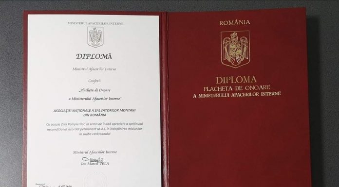 Diplomă de onoare din partea ministrului Vela pentru Salvamont România
