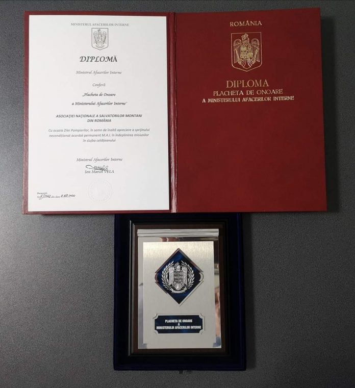 Diplomă de onoare din partea ministrului Vela pentru Salvamont România