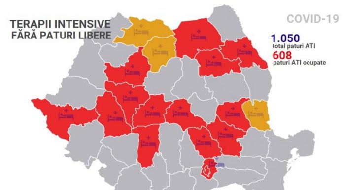 Harta cu județele în care nu mai sunt locuri la ATI pentru pacienții COVID-19
