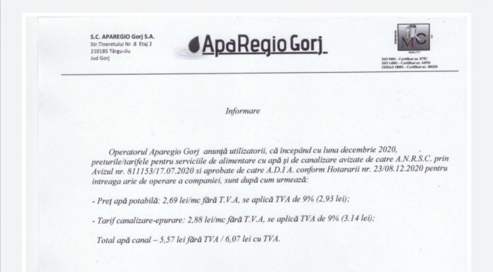 Vezi noile prețuri la serviciile apă-canalizare ale Aparegio Gorj!