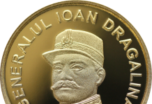 Monedă din aur cu tema 160 de ani de la nașterea generalului Ioan Dragalina