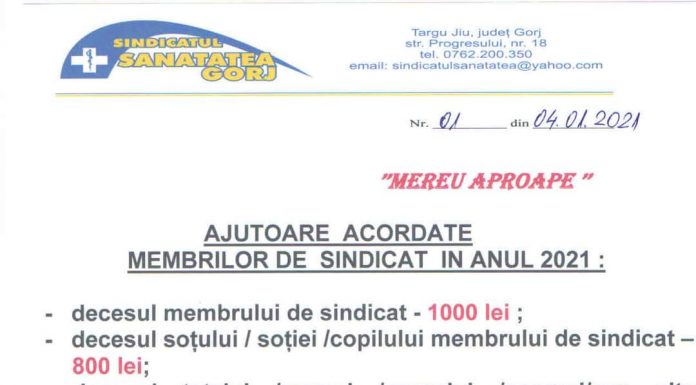 Ajutoarele acordate în 2021 membrilor Sindicatului Sănătatea Gorj