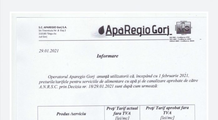 Aparegio: Prețuri noi la serviciile de apă-canal, valabile de la 1 februarie