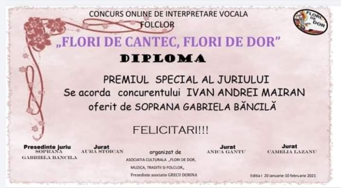 Elev al Școlii Populare de Arte, premiat la festivalul „Flori de cântec, flori de dor”