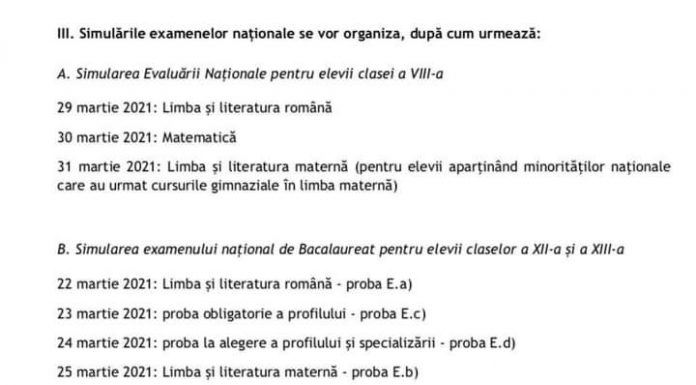 Simulări ale examenelor naționale, în martie