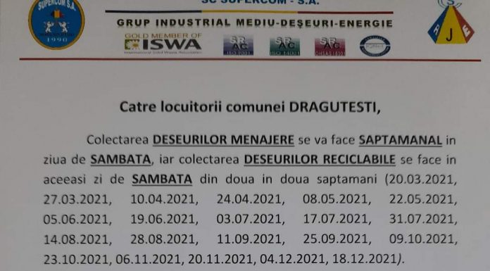 Program schimbat pentru colectarea deșeurilor din comuna Drăguțești