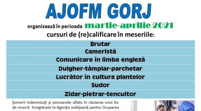 Șapte cursuri de formare profesională, demarate în martie și aprilie de AJOFM Gorj