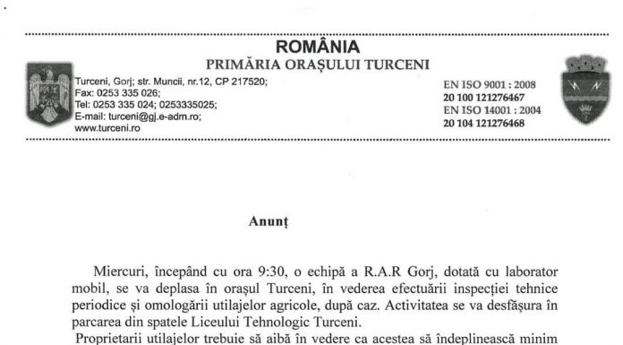 Vezi anunțul autorităților locale din Turceni!