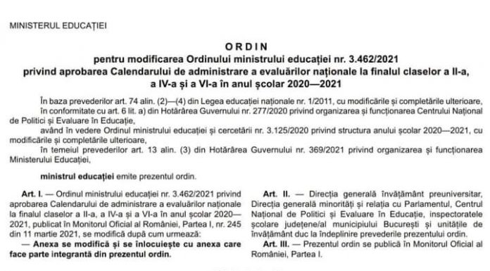 Noul calendar al evaluărilor naționale la finalul claselor a II-a, a IV-a și a VI-a, publicat în Monitorul Oficial