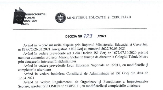 Directorul Colegiului Tehnic Motru schimbat din funcție!