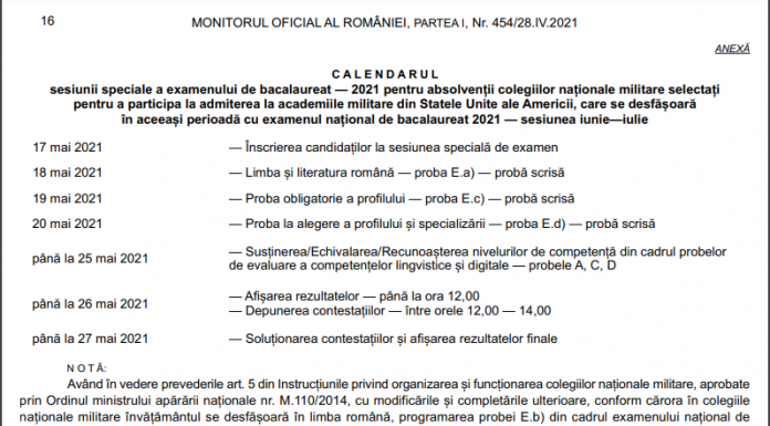 Sesiune specială de Bacalaureat pentru elevii colegiilor militare, în mai