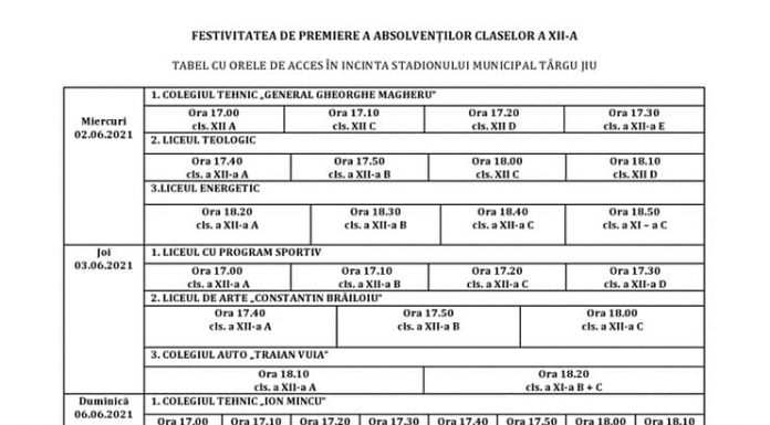 A fost stabilit programul festivităților de premiere a absolvenților din Târgu-Jiu
