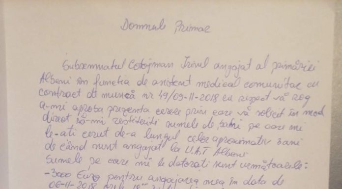De’a râsu’ plânsu’: Un asistent comunitar îi cere primarului din Albeni cei 3.000 de euro ceruți la angajare și banii pe 20 de litri de vin