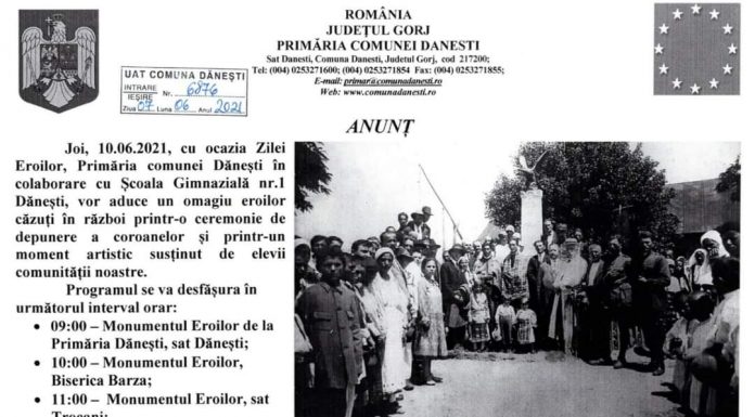 Ceremonie de omagiere a eroilor, mâine, la Dănești