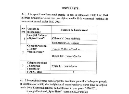 Elevii de 10 din Târgu-Jiu vor fi premiați și anul acesta