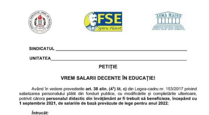 Petiție pentru majorarea salariilor din sistemul de învățământ