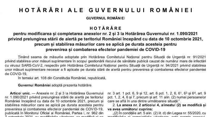Hotărârea privind noile măsuri aprobate de Guvern, publicată în Monitorul Oficial