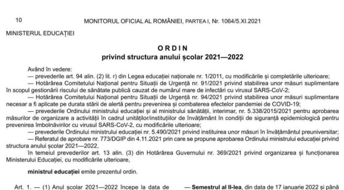 Ordinul privind modificarea structurii anului școlar a fost publicat în Monitorul Oficial