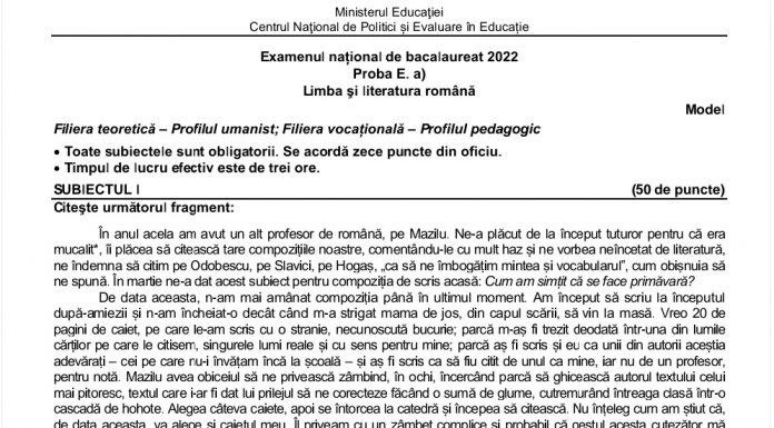 Modele de subiecte pentru Evaluarea Națională și Bacalaureat, publicate de Ministerul Educației