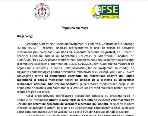 FSLI și FSE „SPIRU HARET” anunță suspendarea acțiunilor de protest